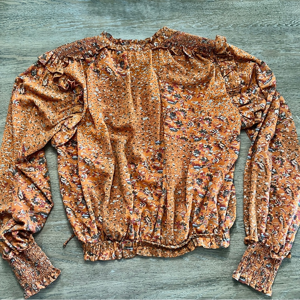 Elan Rust Floral Ruffle-Trim Long Sleeve Blouse size Large - Picture 6 of 7
